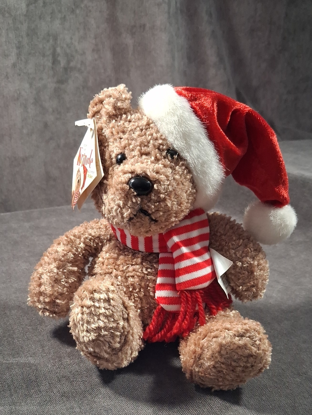 Vintage Sears Kringle Light Brown Teddy Bear Santa Hat + Striped Scarf NWT 80s
